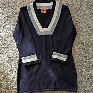 Tory Burch Navy and Gray V-Neck Sweater
